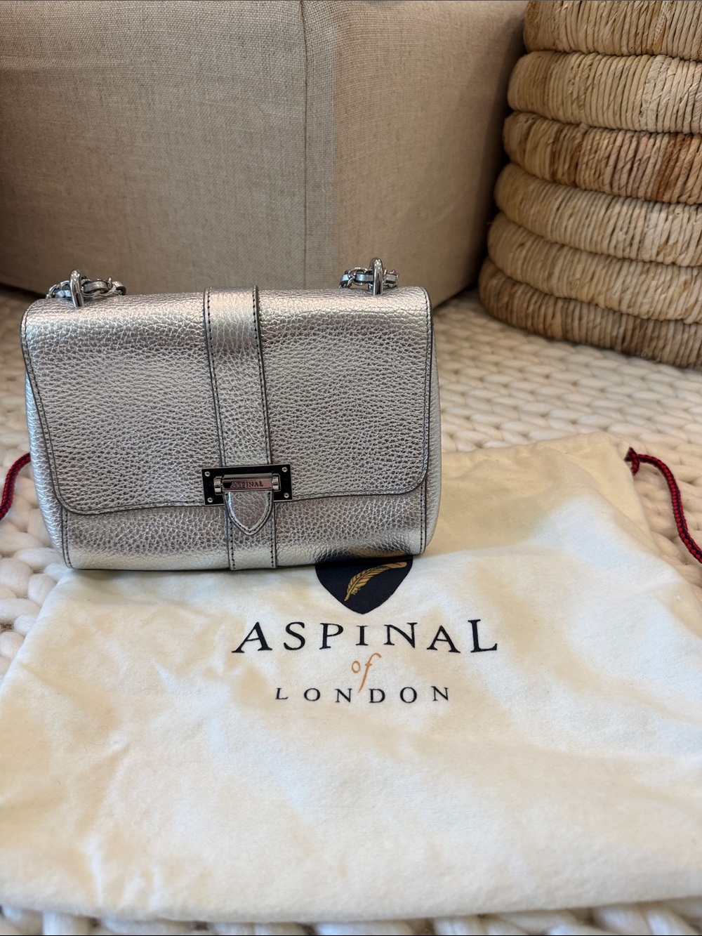 Aspinal of London Silver Metallic Pebbled Leather Crossbody Bag